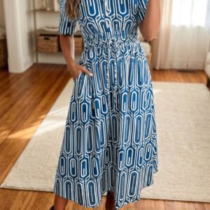 Blue Geometric Print Short Sleeve Drawstring Shirt Collar Dress