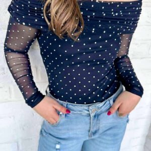 Blue Off Shoulder Polka Dot Mesh Long Sleeve Sheath Top
