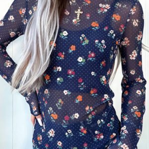 Blue Polka Dot Floral Mesh Long Sleeve High Neck Pullover Sheath Top