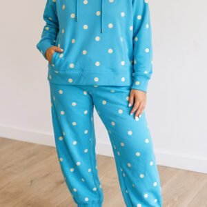 Blue Polka Dot Hooded Drawstring Long Sleeve Plus Size Set