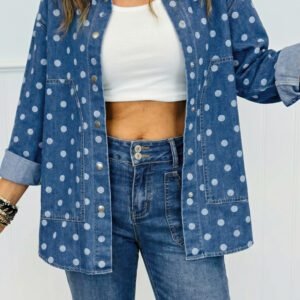 Blue Polka Dot Long Sleeve Collar Shift Tunic Denim Jacket