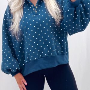 Blue Polka Dot Print Metal Button Collar Casual Pullover Sweatshirt