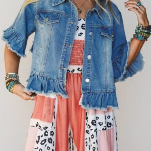 Blue Ruffle Hem Raw Edge Half Sleeve Western Denim Jacket