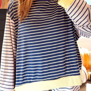 Blue Stripe Color Block Long Sleeve Pullover Ribbed Knit Casual Shorts Set
