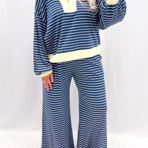 Blue Stripe Color Block Patchwork Zip V Neck Pullover Loose Pants 2pcs Set