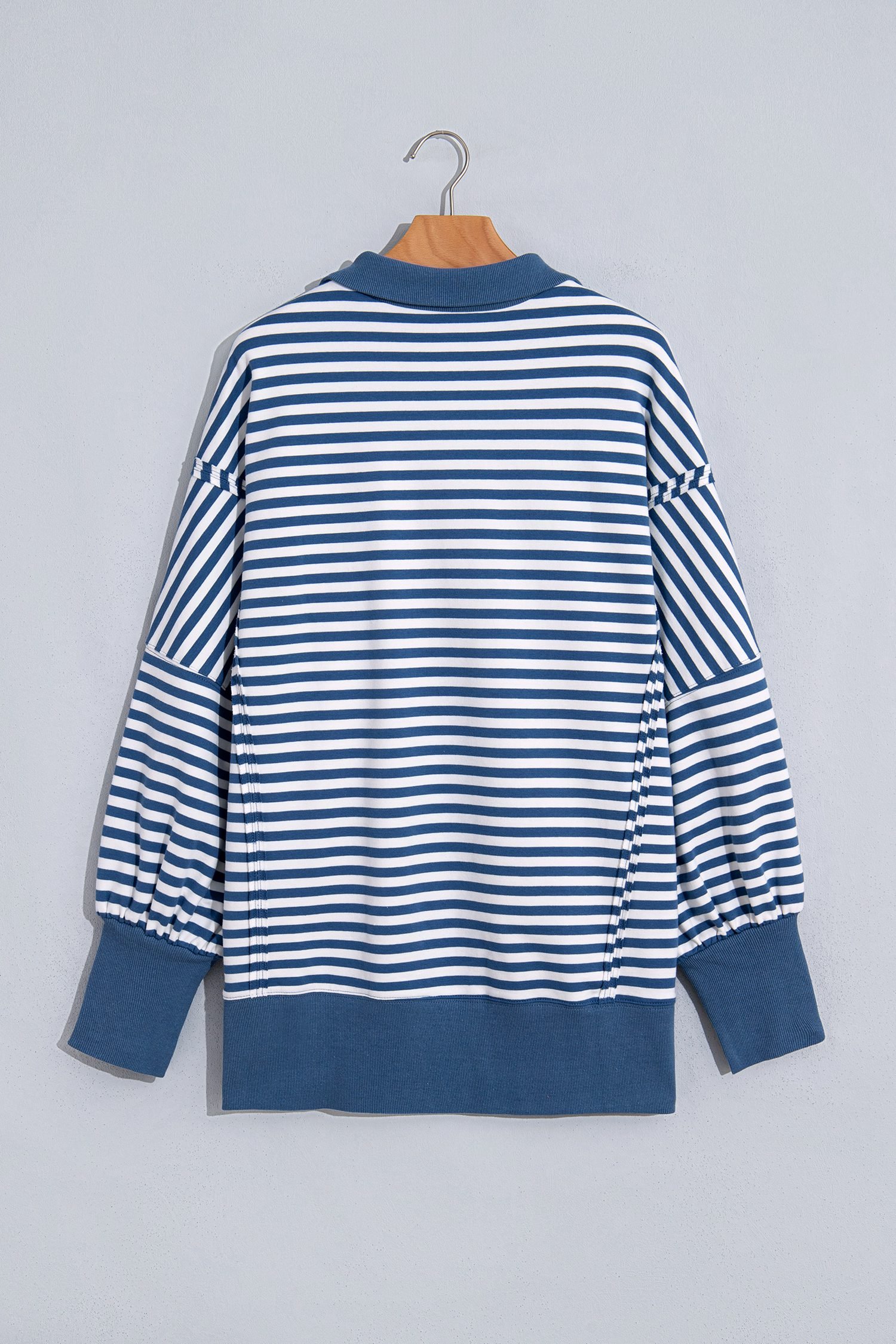 Blue Stripe Color Block Trim Raw Seam Split Hem Loose Pullover Sweatshirt