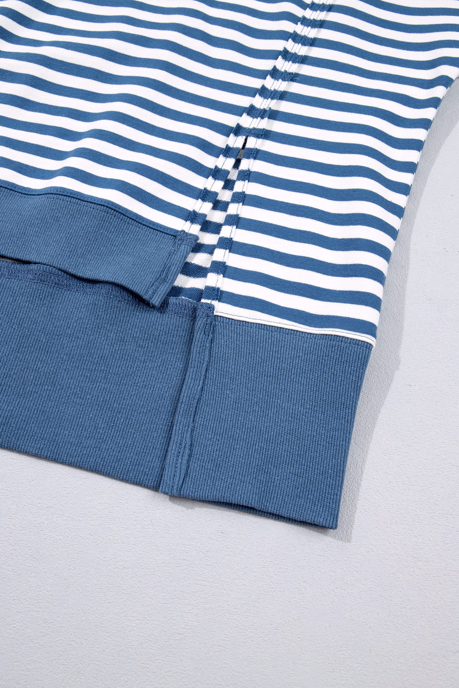 Blue Stripe Color Block Trim Raw Seam Split Hem Loose Pullover Sweatshirt