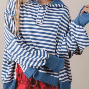 Blue Stripe Color Block Trim Raw Seam Split Hem Loose Pullover Sweatshirt