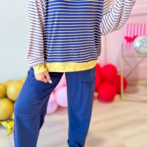 Blue Stripe Contrast Long Sleeve Crew Neck Pullover Top