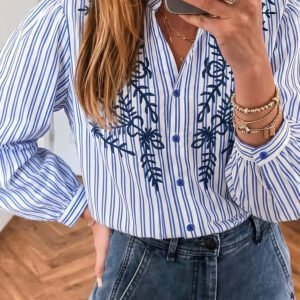 Blue Stripe Embroidered Detail Button Front Long Sleeve Shirt