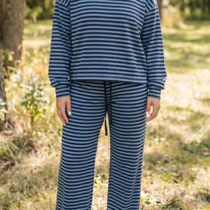 Blue Stripe Long Sleeve Drawstring Waist Plus Size Lounge Pants Set