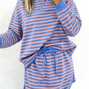 Blue Stripe Long Sleeve Relaxed Pullover Drawstring Mini Skort 2pcs Set