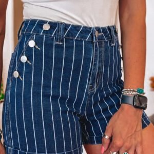 Blue Stripe Metal Button Detail Womens Denim Shorts