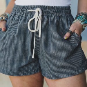 Blue Stripe Plus Size Contrast Drawstring Elastic Waist Denim Shorts