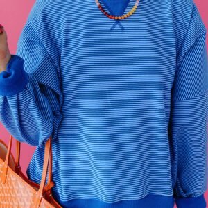 Blue Stripe Ribbed Cuffs Hem Long Sleeve Pullover Top