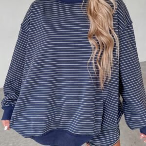 Blue Stripe Ribbed Patchwork Mock Neck Baggy Pullover Matching Shorts Set