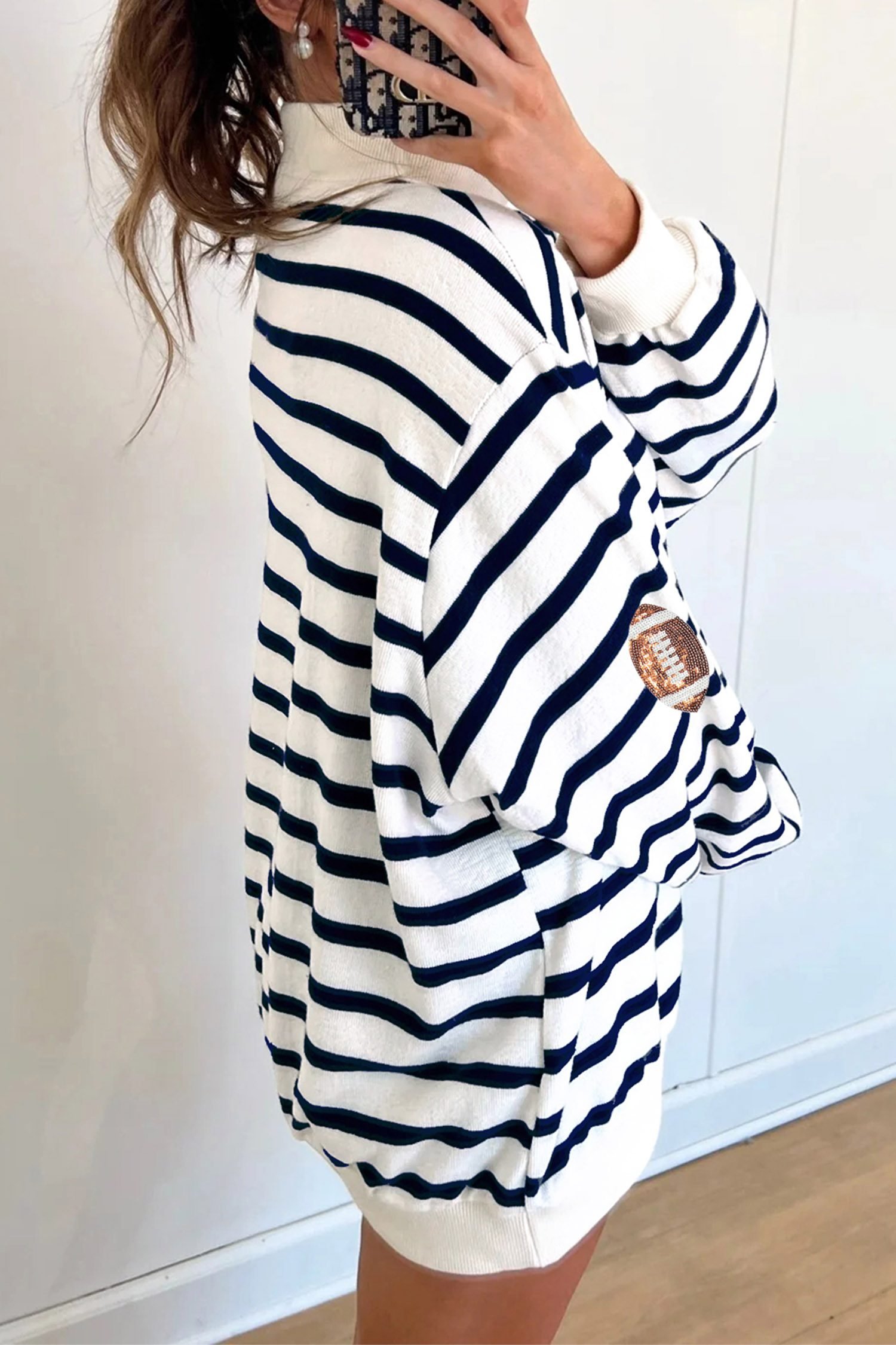 Blue Stripe Sequin Rugby Print Mock Neck Casual Sweatshirt