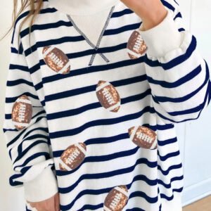 Blue Stripe Sequin Rugby Print Mock Neck Casual Sweatshirt
