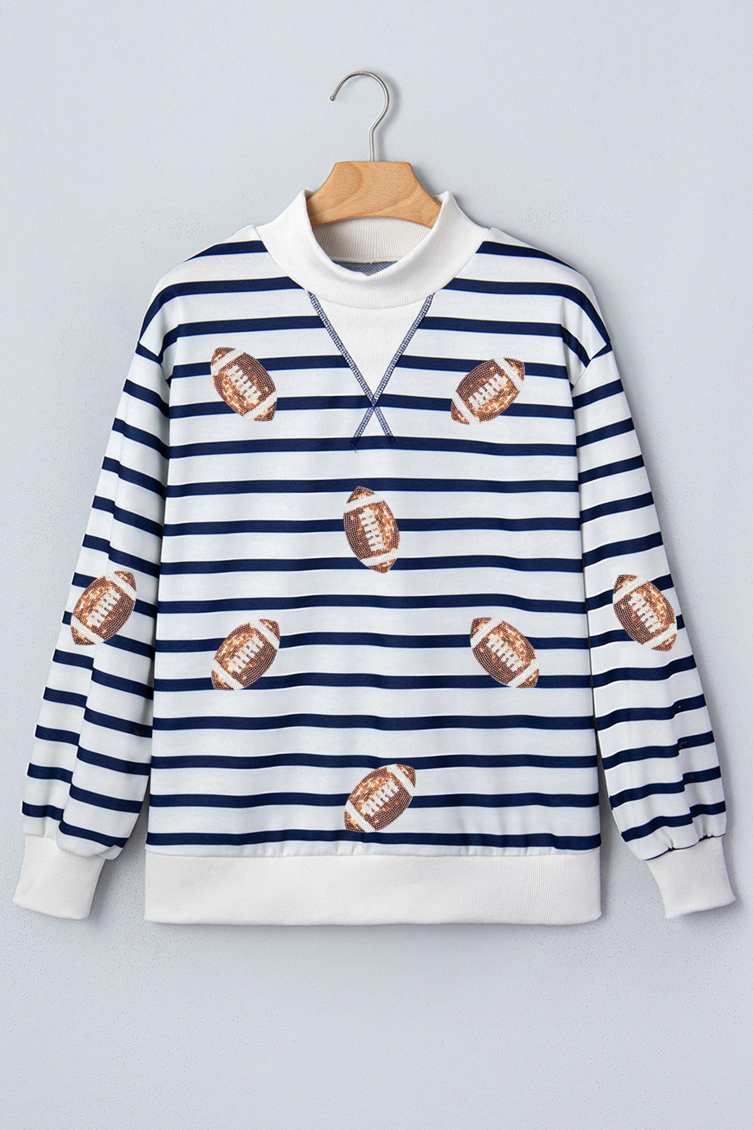 Blue Stripe Sequin Rugby Print Mock Neck Casual Sweatshirt