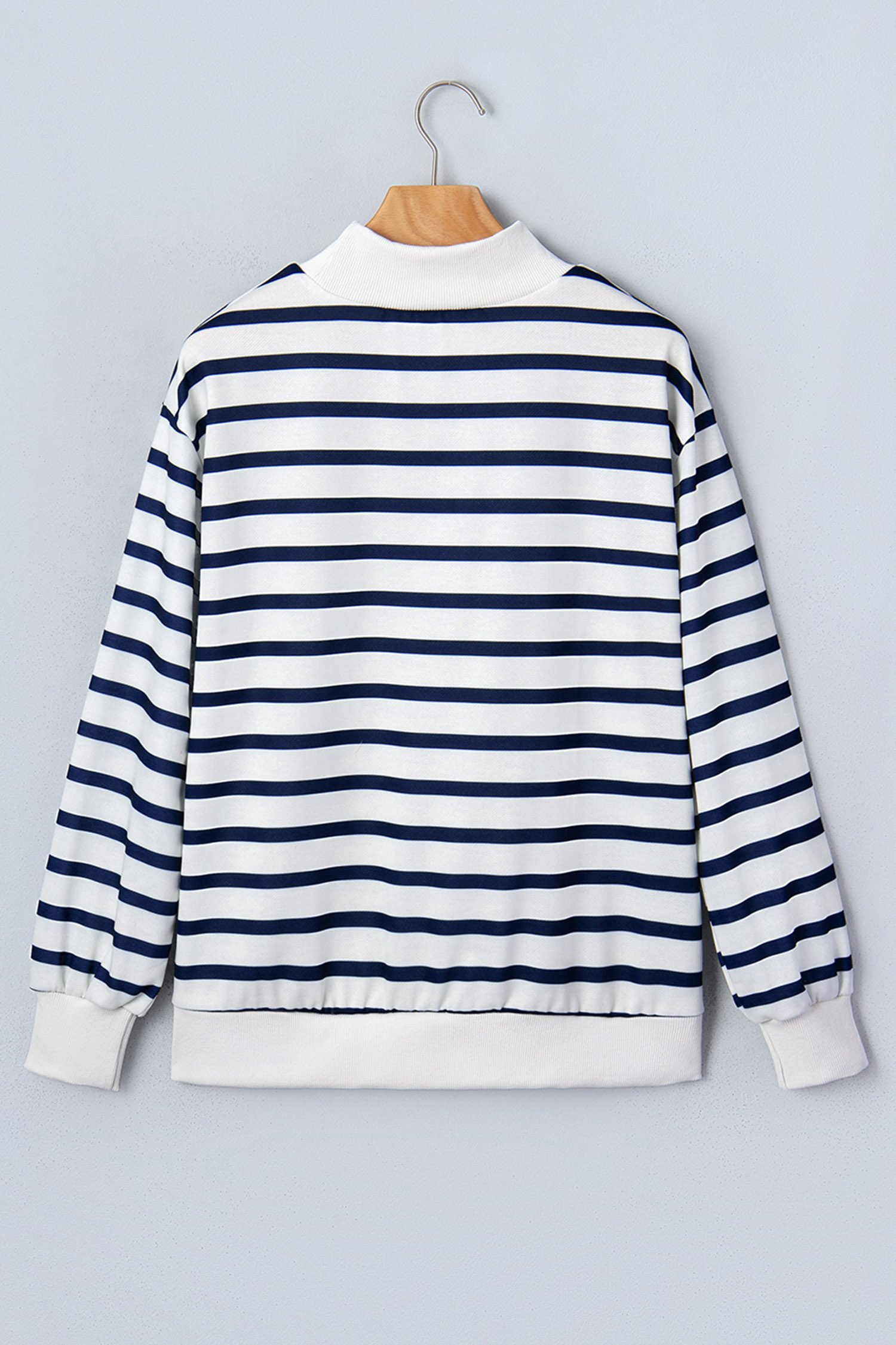 Blue Stripe Sequin Rugby Print Mock Neck Casual Sweatshirt