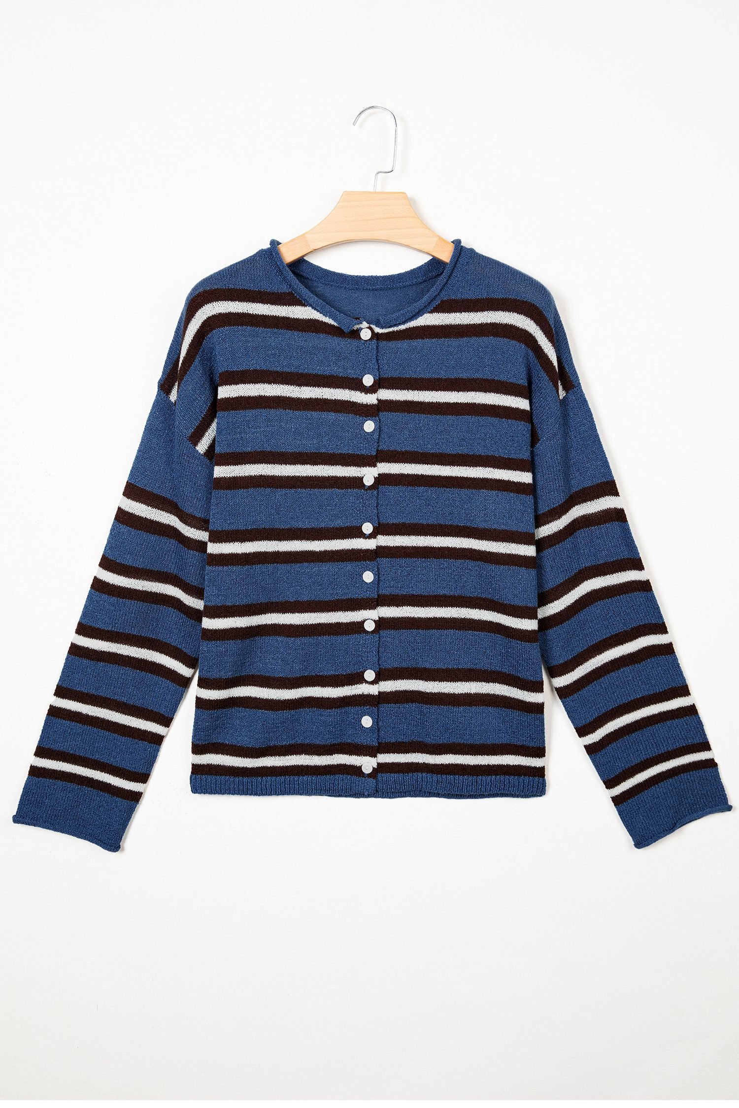 Blue Stripe Striped Drop Shoulder Button Cardigan