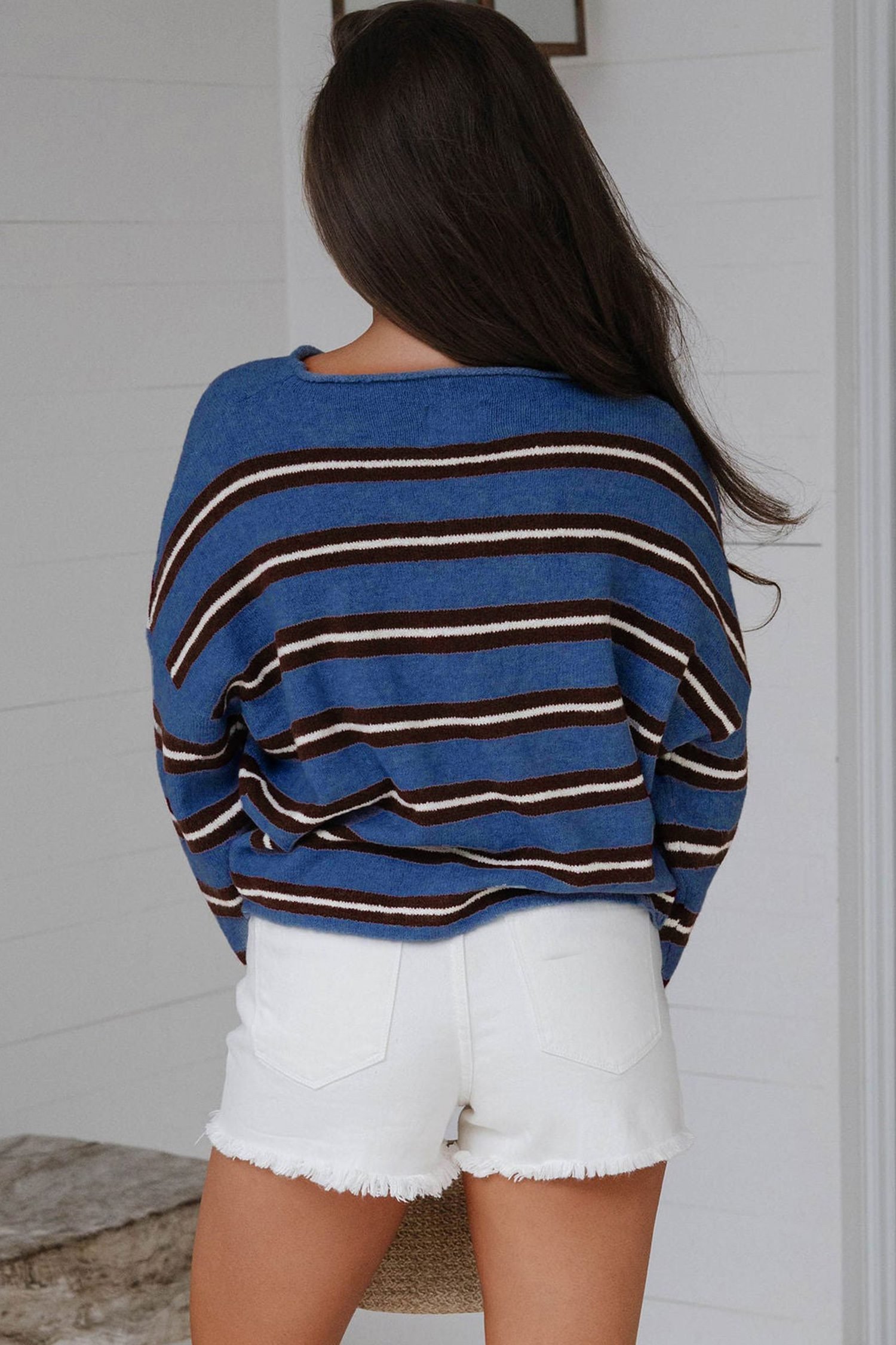 Blue Stripe Striped Drop Shoulder Button Cardigan
