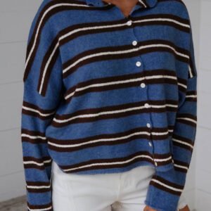 Blue Stripe Striped Drop Shoulder Button Cardigan