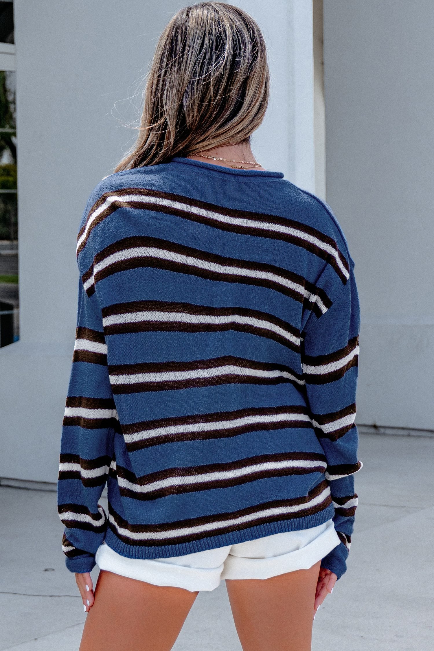 Blue Stripe Striped Drop Shoulder Button Cardigan