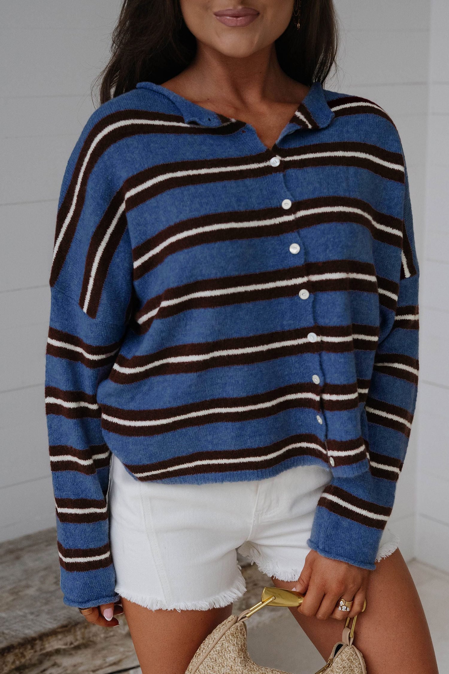 Blue Stripe Striped Drop Shoulder Button Cardigan