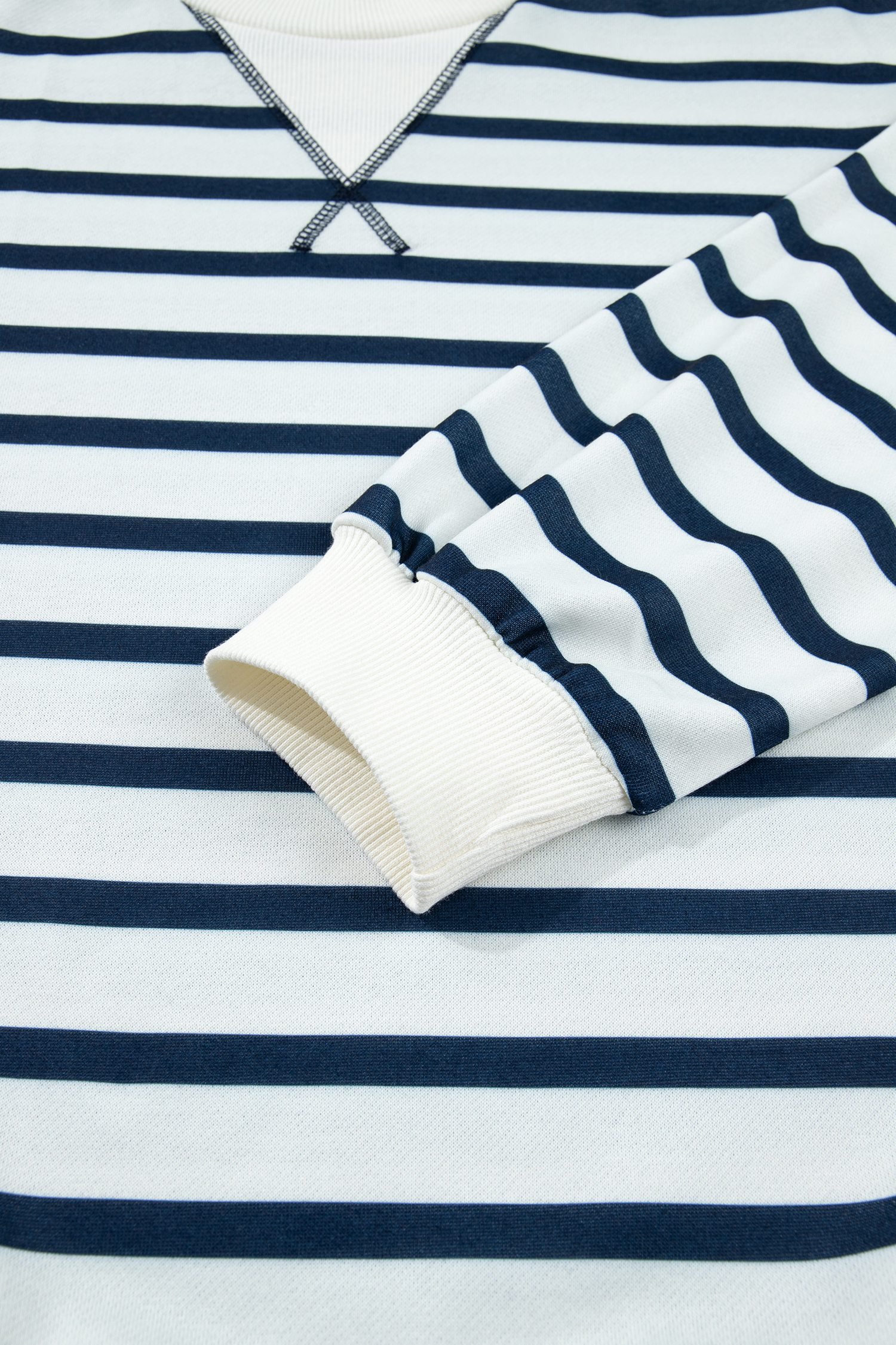 Blue Stripe Striped Ribbed Cuff Collar Pocket Loose Pant Set