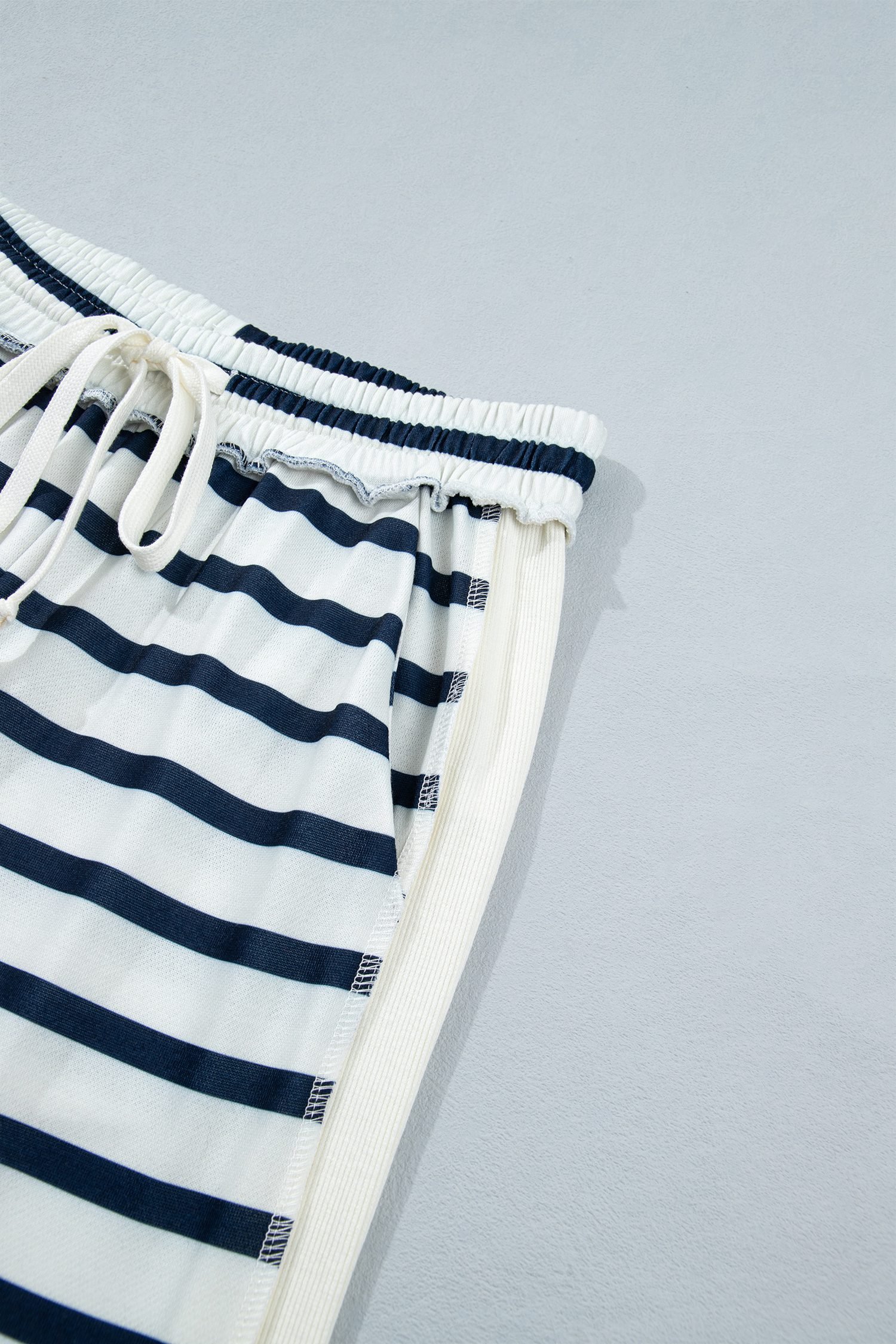 Blue Stripe Striped Ribbed Cuff Collar Pocket Loose Pant Set