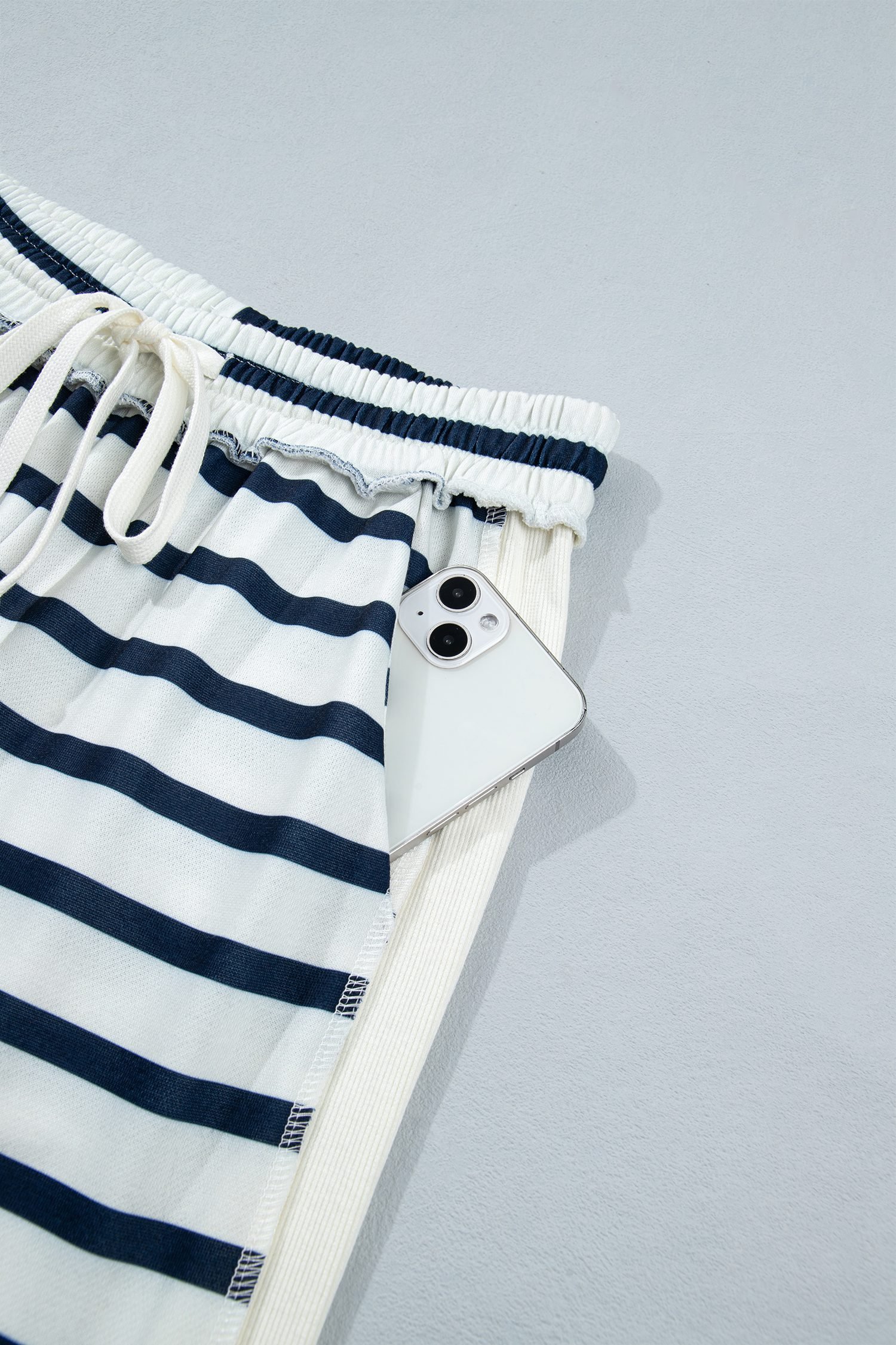 Blue Stripe Striped Ribbed Cuff Collar Pocket Loose Pant Set