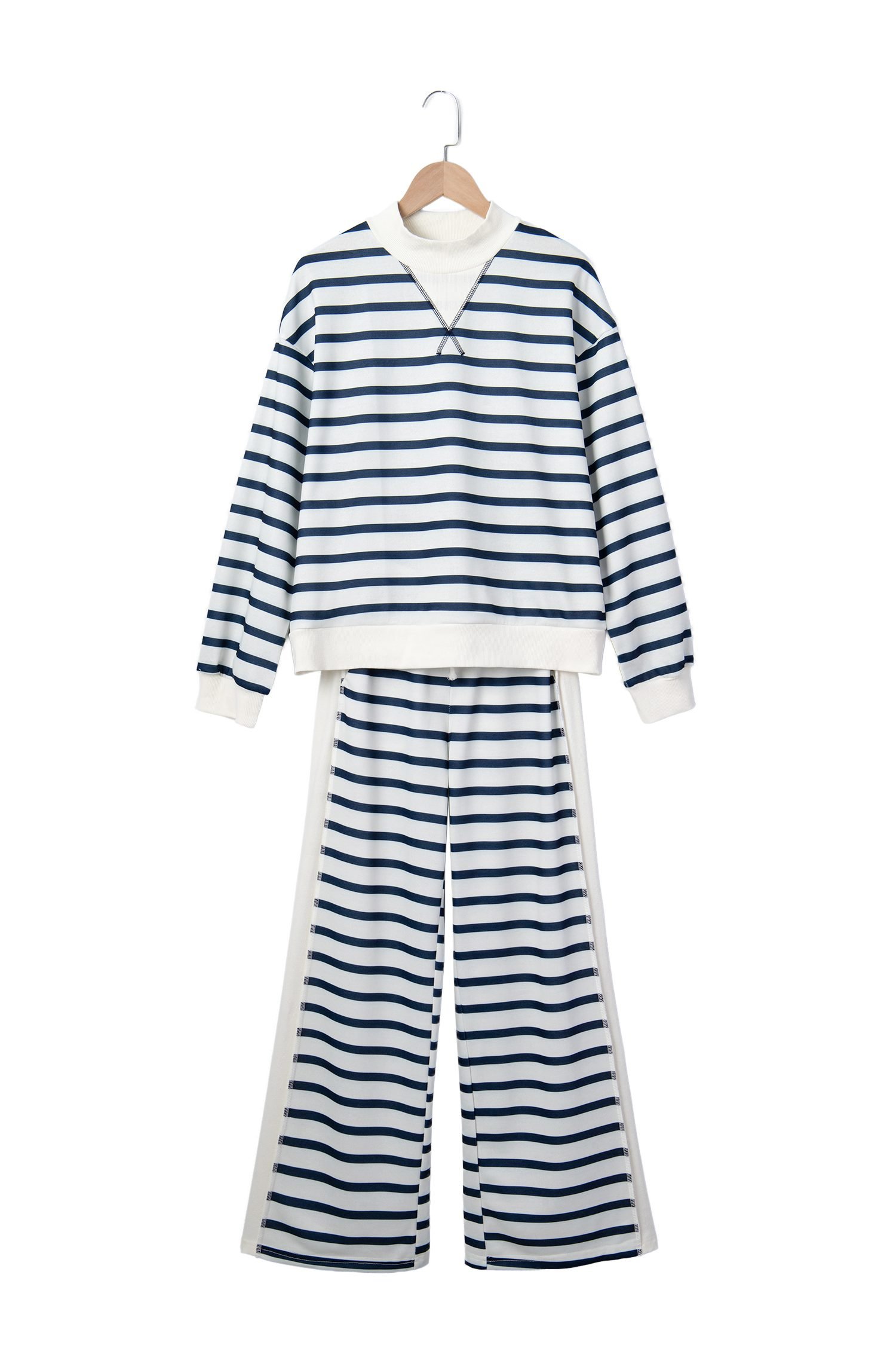 Blue Stripe Striped Ribbed Cuff Collar Pocket Loose Pant Set