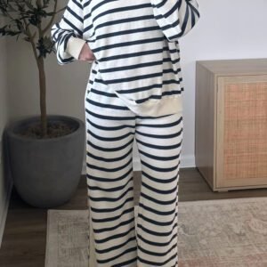 Blue Stripe Striped Ribbed Cuff Collar Pocket Loose Pant Set