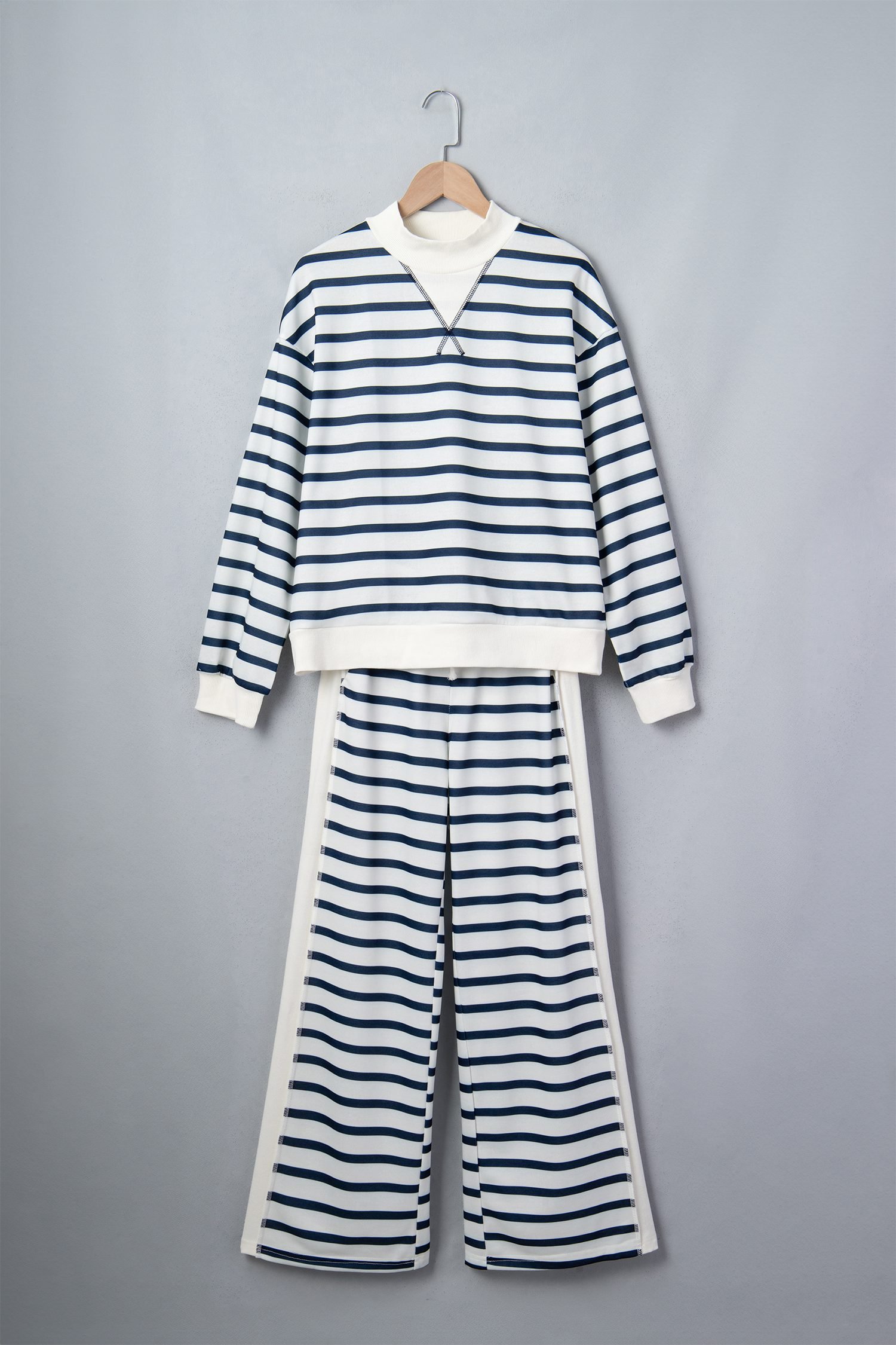 Blue Stripe Striped Ribbed Cuff Collar Pocket Loose Pant Set
