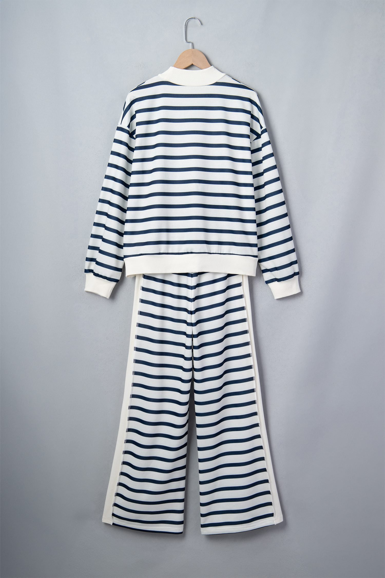 Blue Stripe Striped Ribbed Cuff Collar Pocket Loose Pant Set