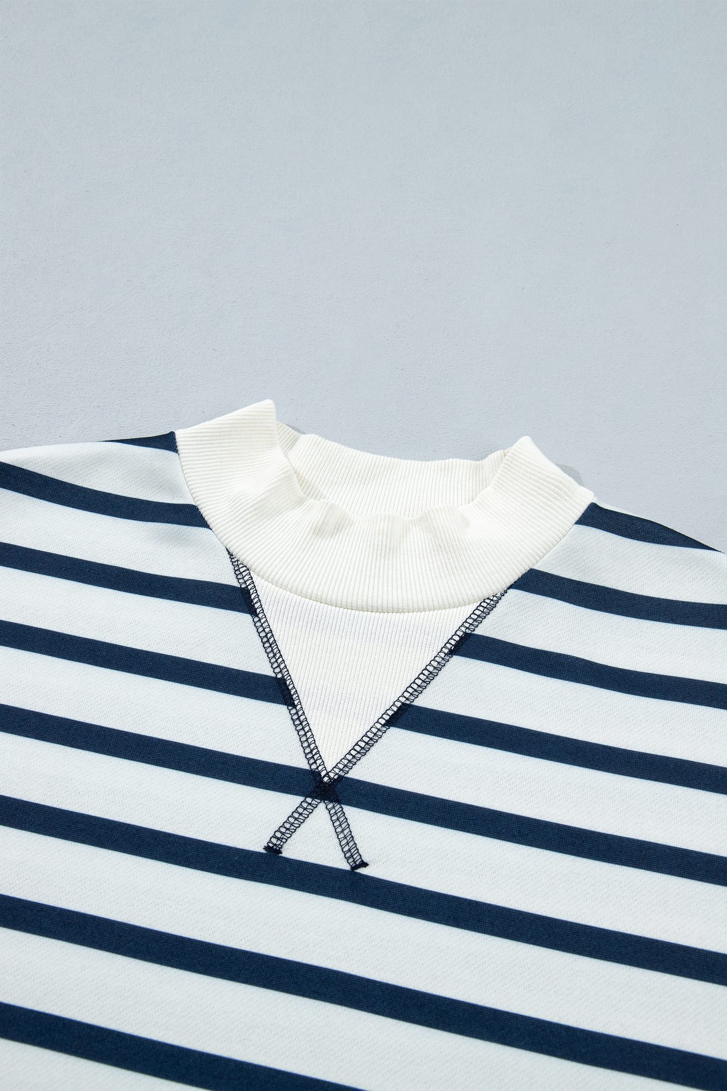 Blue Stripe Striped Ribbed Cuff Collar Pocket Loose Pant Set