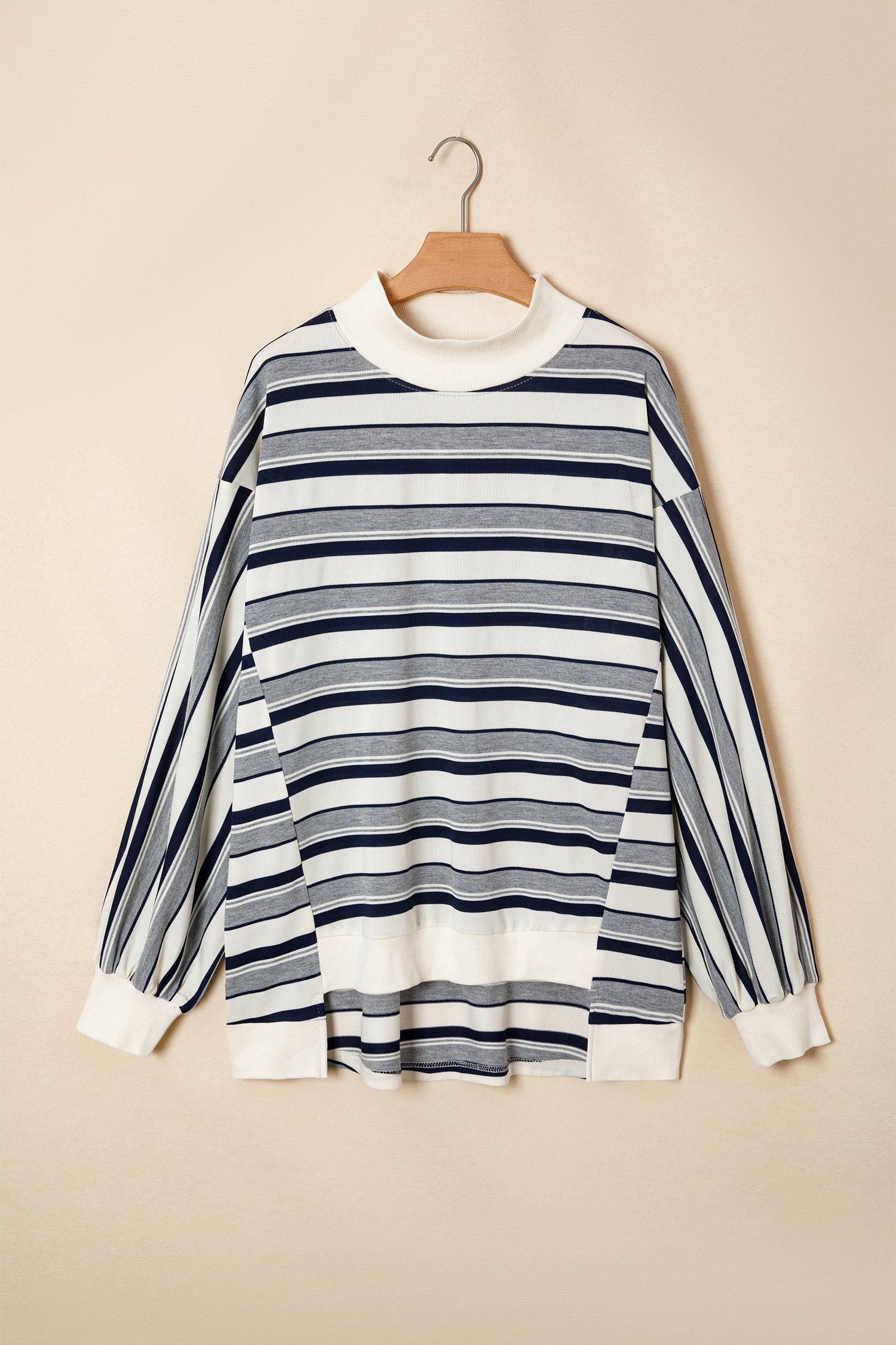 Blue Stripe Striped Ribbed Stand Neck Long Sleeve Shift Silhouette Sweatshirt