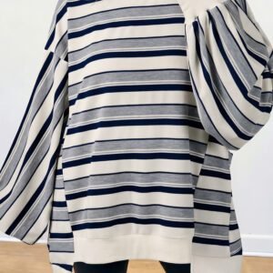 Blue Stripe Striped Ribbed Stand Neck Long Sleeve Shift Silhouette Sweatshirt