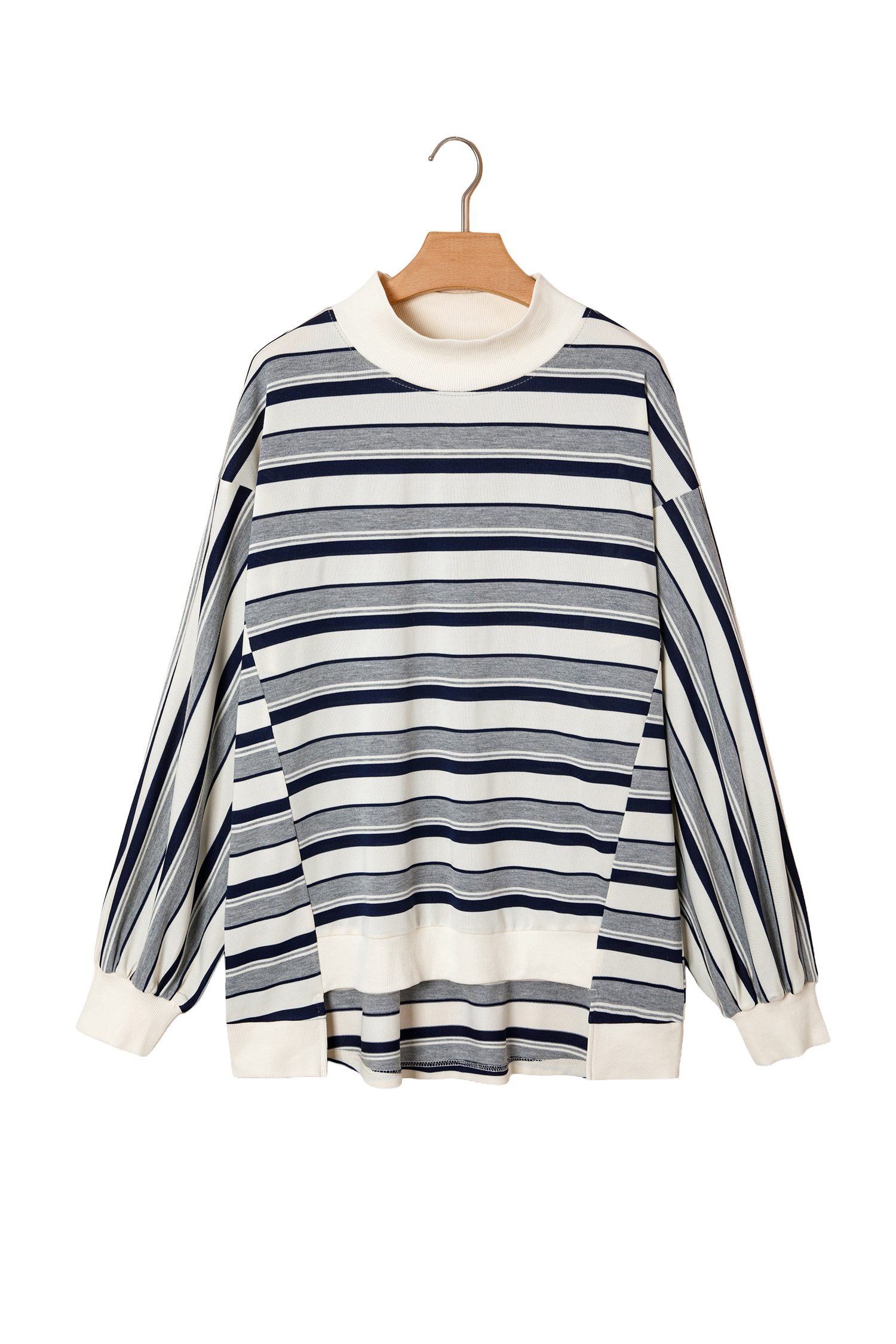 Blue Stripe Striped Ribbed Stand Neck Long Sleeve Shift Silhouette Sweatshirt
