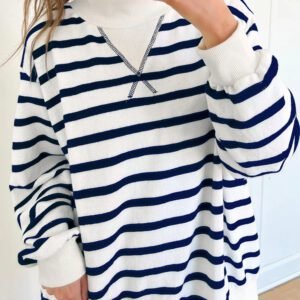 Blue Stripe Striped Stand Neck Long Sleeve Ribbed Cuff Hem Sweatshirt