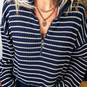 Blue Stripe Textured Knit Half Zip Collared Long Sleeve Top