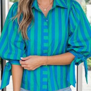 Blue Stripe Tie Puff Sleeve Womens Button Down Shirt