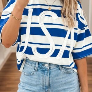 Blue Stripe USA Graphic Drop Shoulder Half Sleeve Loose T Shirt