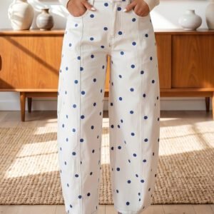 Blue Tailored Seam Polka Dot Print Barrel Casual Jeans