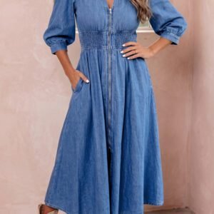 Blue V Neck Shirred Waist Metal Zipper Denim Midi Dress
