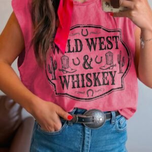 Bonbon Toner Washed Wild West Whiskey Print Sleeveless Muscle Top