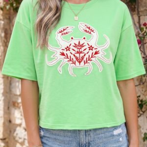 Bright Green Crab Embroidered Patch Loose Round Neck Tee