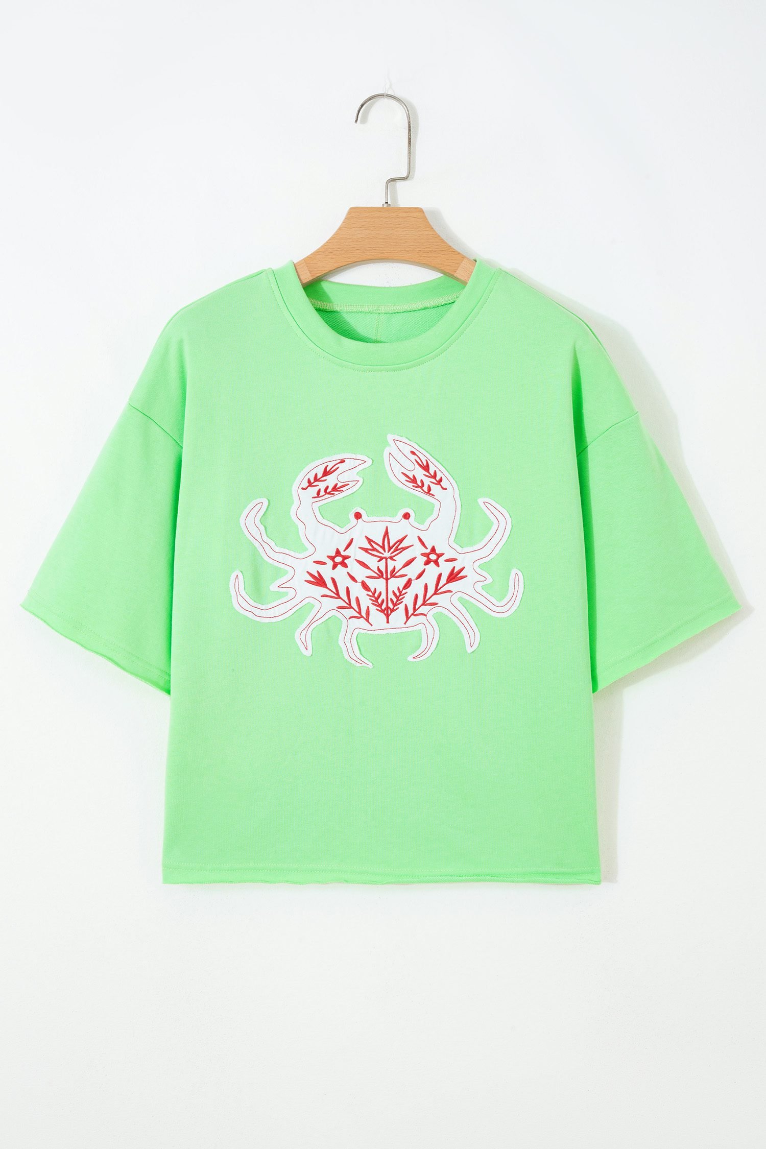 Bright Green Crab Embroidered Patch Loose Round Neck Tee