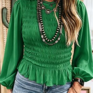 Bright Green Solid Color Smocked Ruffle Hem Long Sleeve Blouse